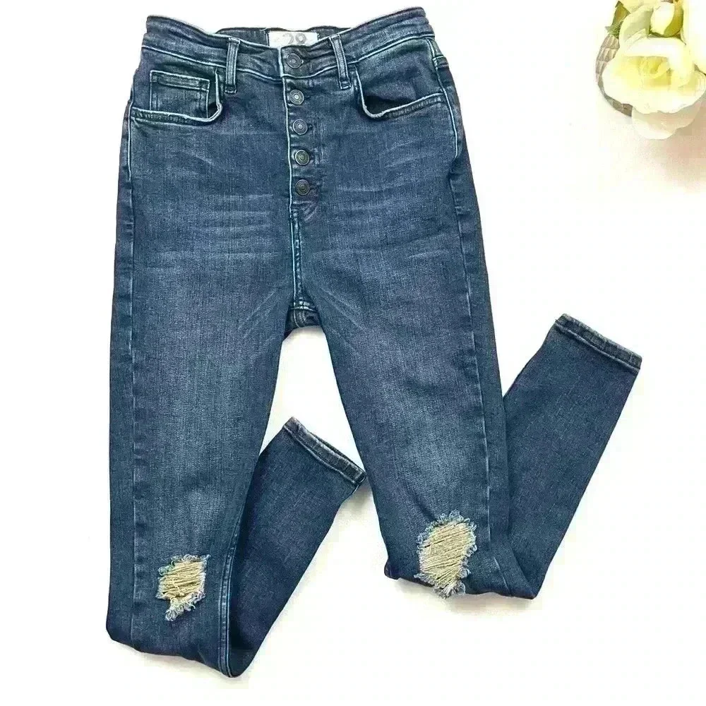 Free‎ People Button Fly Sabrina Distressed High Waist Skinny Jeans Size 28